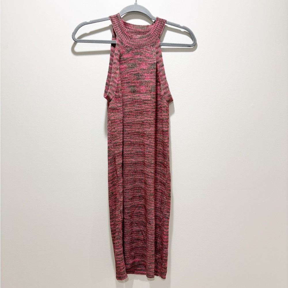 Miou Muse Sleeveless Rib-Knit Pink/Red/Brown Halter Dress High Neck Stretch Sz M